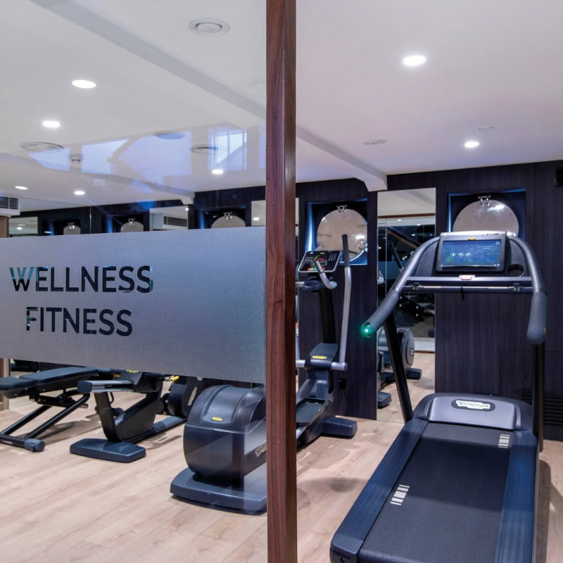 An indoor cruise ship fitness centre with a treadmill, stationary bikes, and a sign that reads Wellness Fitness.