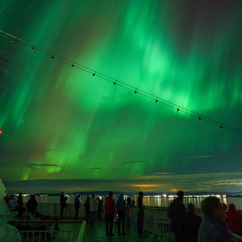 Passengers standing on a cruise ship deck watching vibrant green Northern Lights in the night sky.