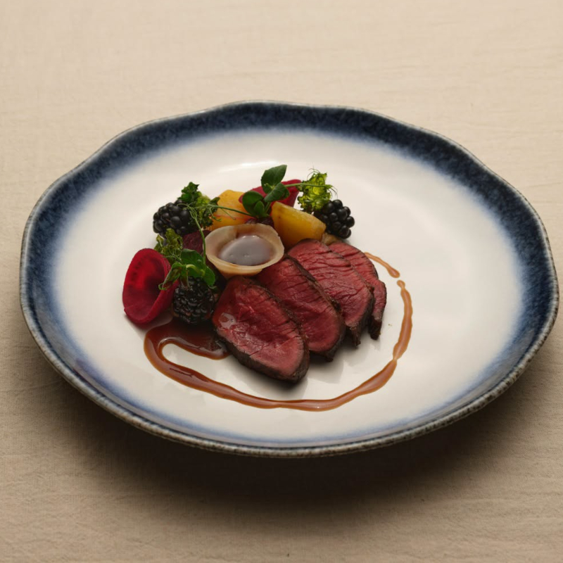 Gourmet dish featuring sliced red meat garnished with berries, vegetables, and a light sauce drizzle.